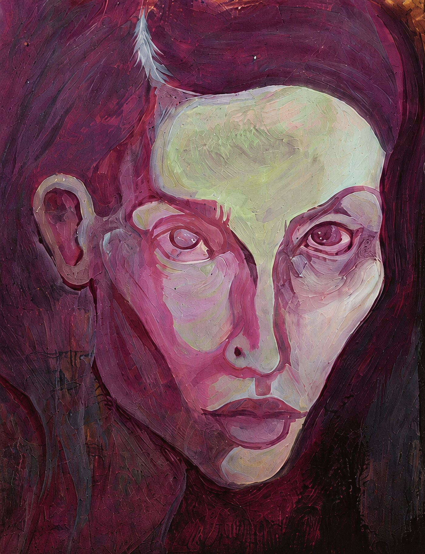 Selbstportrait, Malerei von Minou Parovsky — ein Kopf in satten Magenta-, Burgunder- und Grüntönen vor dunklem Grund